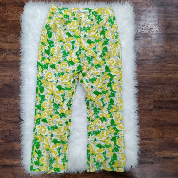 ZARA Retro 70s Green Yellow Paisley Print High Waist Pants Women's Size Medium - Picture 6 of 15